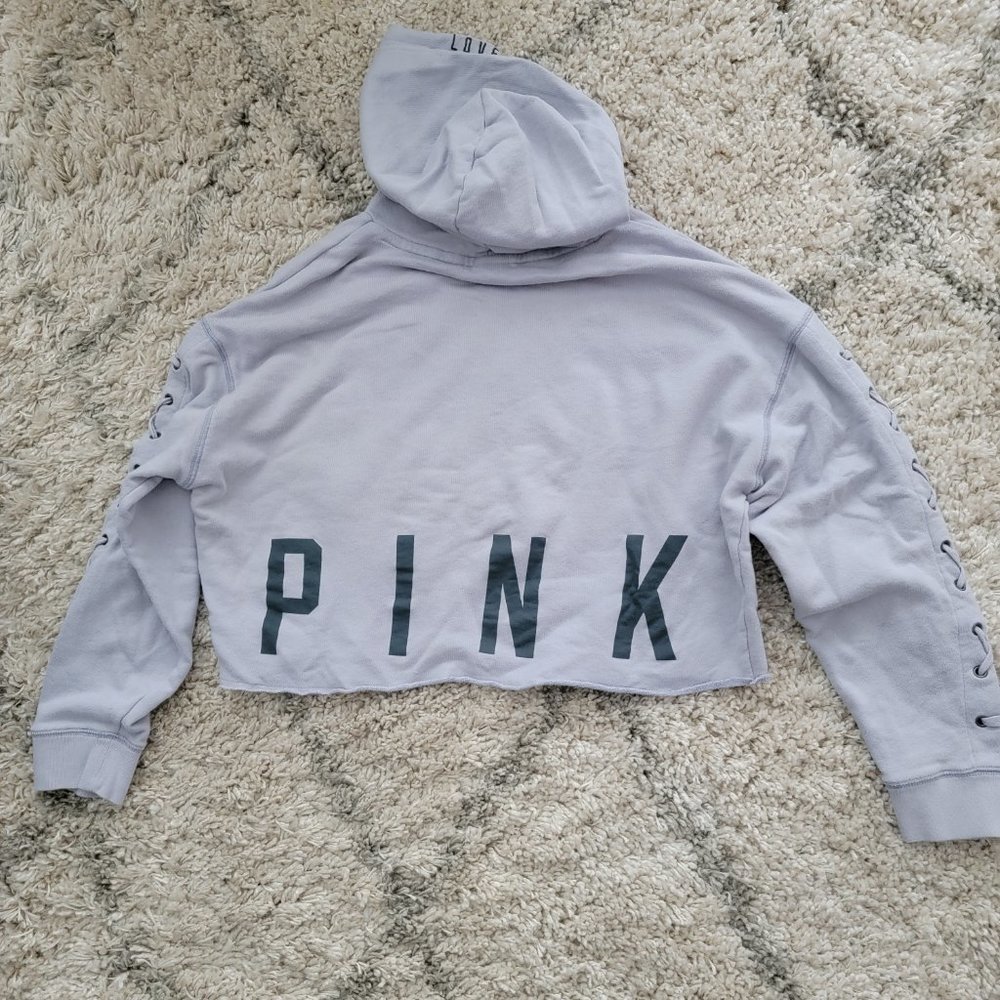 PINK Victorias Secret WELL LOVED Cropped Hoodie Laced Up Sleeve detail Sz L - Picture 4 of 4